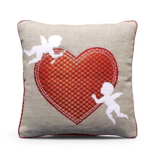 Valentine Heart & Cupid Linen Cushion Cover – Brocade Applique | 16