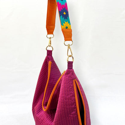 Faux Silk quilted HOBO Bag, Hot pink, hand embroidered handle, Gift for her