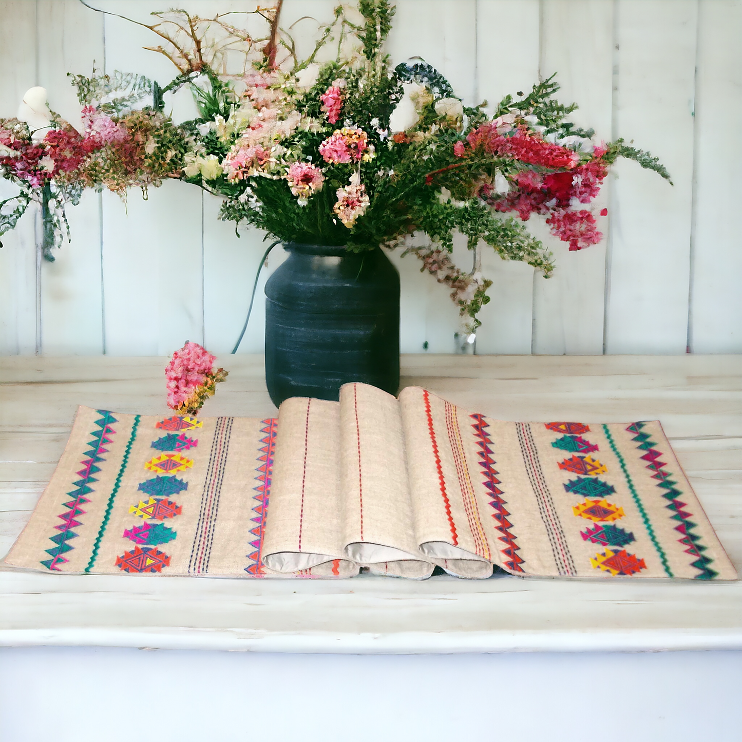 Folk Kilim Table Runner – Aztec | Pure Linen Embroidery | Bohemian Decor - Vliving