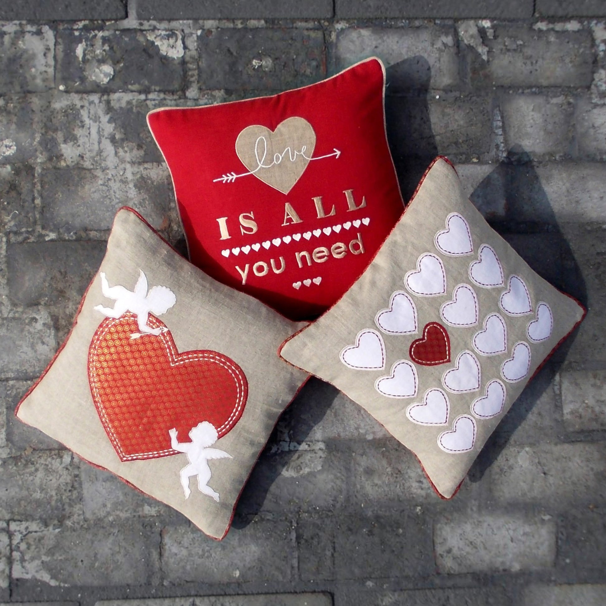Valentine All Hearts Linen Cushion Cover – Brocade Applique & Embroidery | 2 Sizes - Vliving