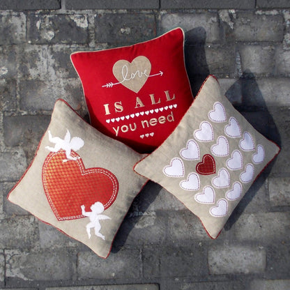 Valentine All Hearts Linen Cushion Cover – Brocade Applique & Embroidery | 2 Sizes - Vliving