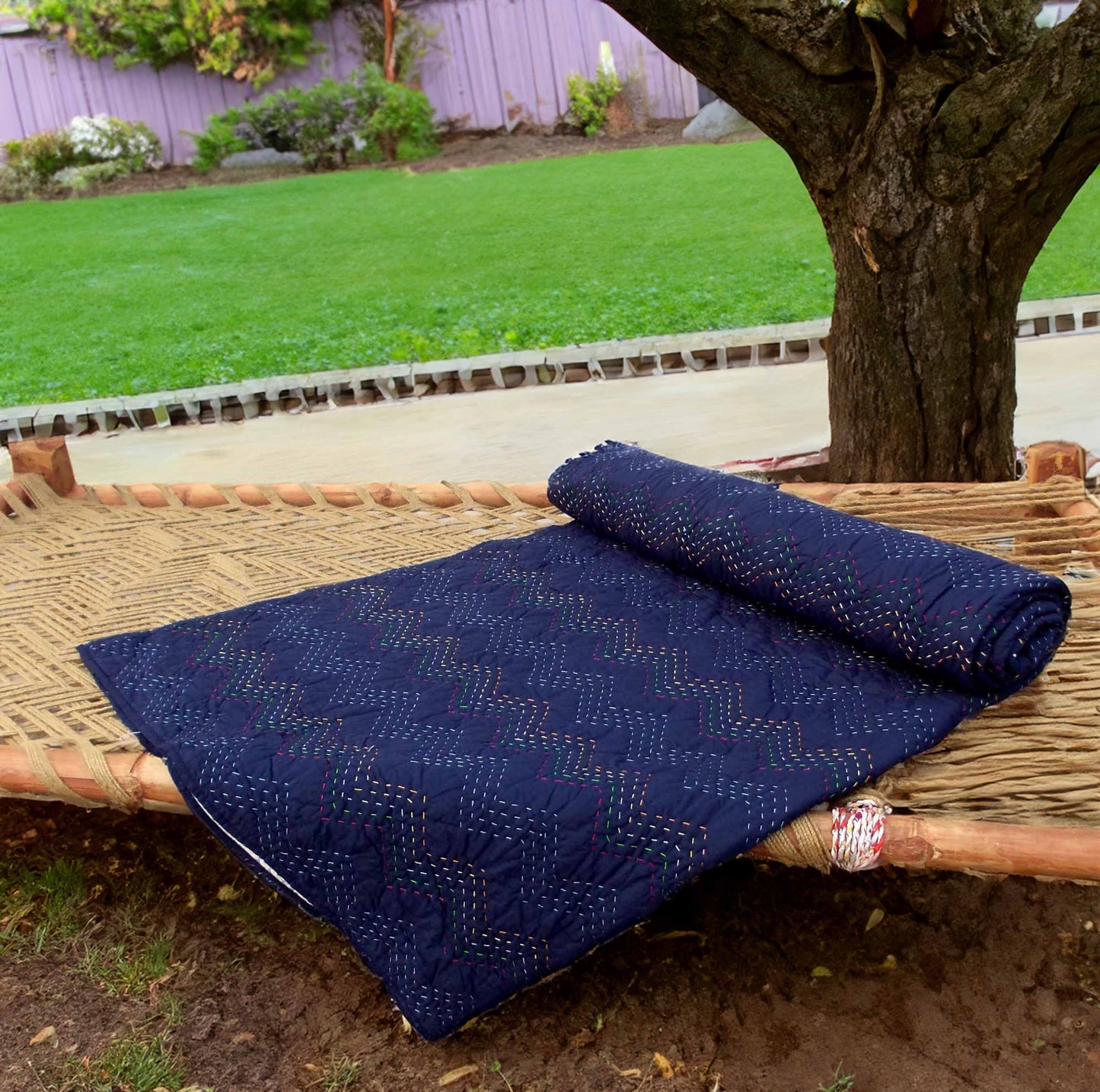 INDIGO Kantha quilted bed set - chevron pattern quilting, sizes available