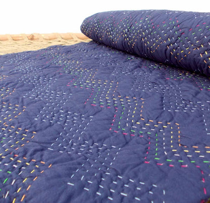 Navy blue Kantha quilt - chevron pattern quilting