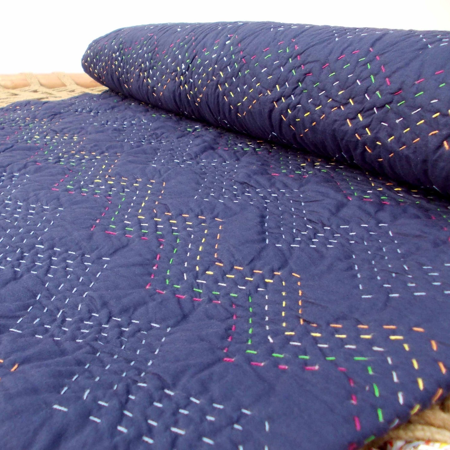 INDIGO Kantha quilt - chevron pattern quilting - Quilt set / Quilt / Pillow case available