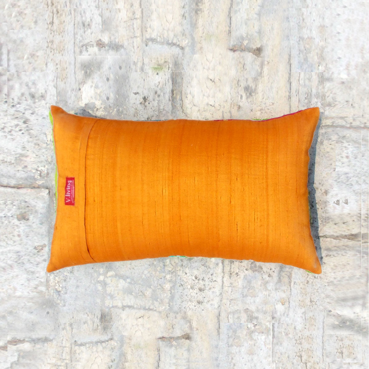 Ikat – Hot pink & orange oblong pillow cover with multicolour embroidery