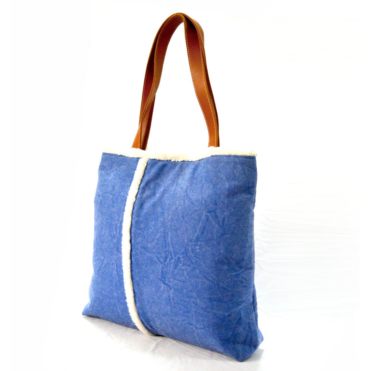 Tote bag - denim blue stonewashed canvas with leather handles