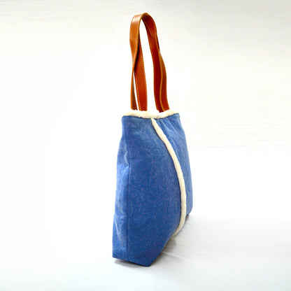 Tote bag - denim blue stonewashed canvas with leather handles