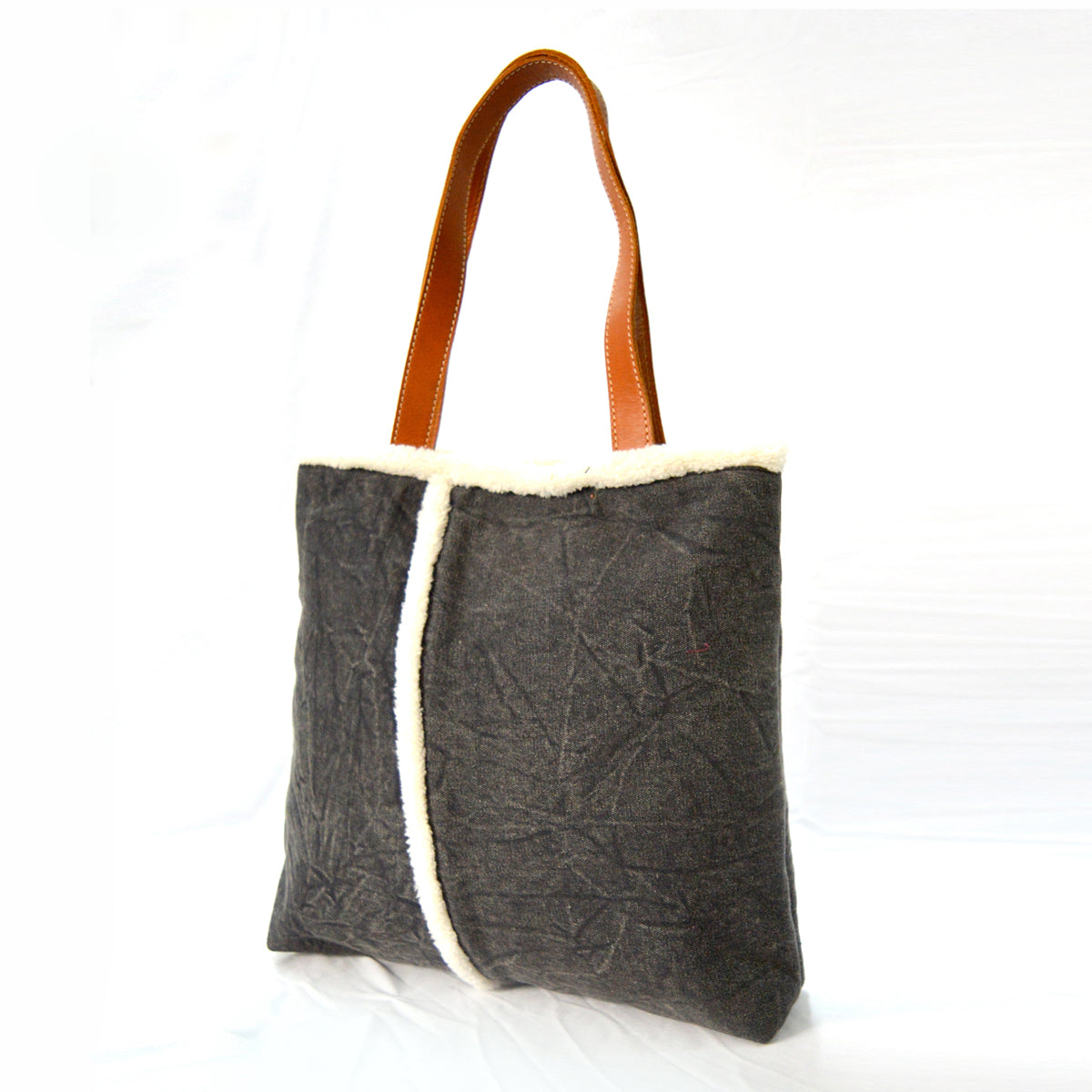 Tote bag - charcoal stonewashed canvas with leather handles