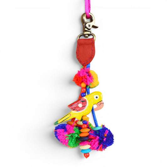 Multicolor Parrot & Pompom Handmade Boho Tassel Charm – Bag, Key Ring & Belt Accessory