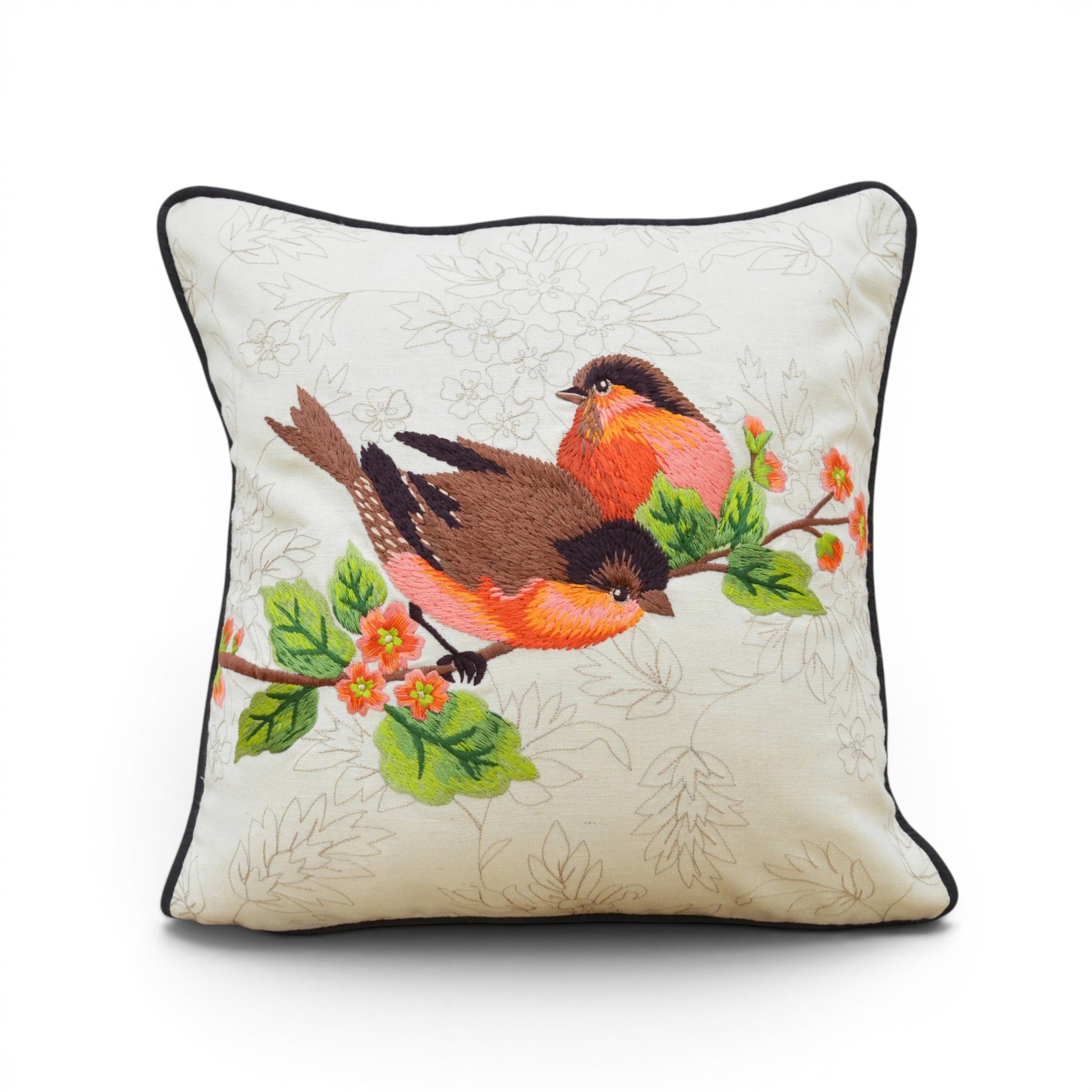 Love Birds Embroidered Cotton Cushion Cover – Off White, 12×12" - Vliving