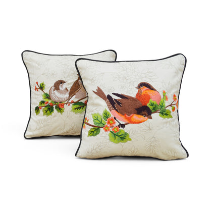 Love Birds Embroidered Cotton Cushion Cover – Off White, 12×12" - Vliving