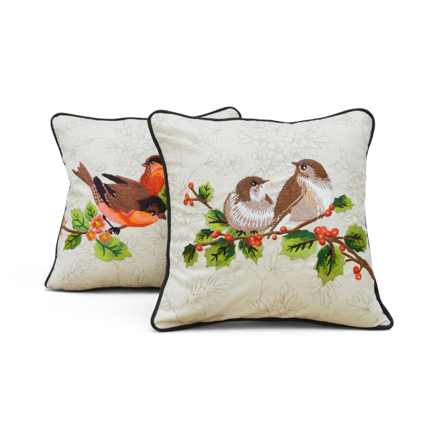 Brown Love Birds Embroidered Cotton Throw Pillow Cover – Off White, 12"x12" - Vliving