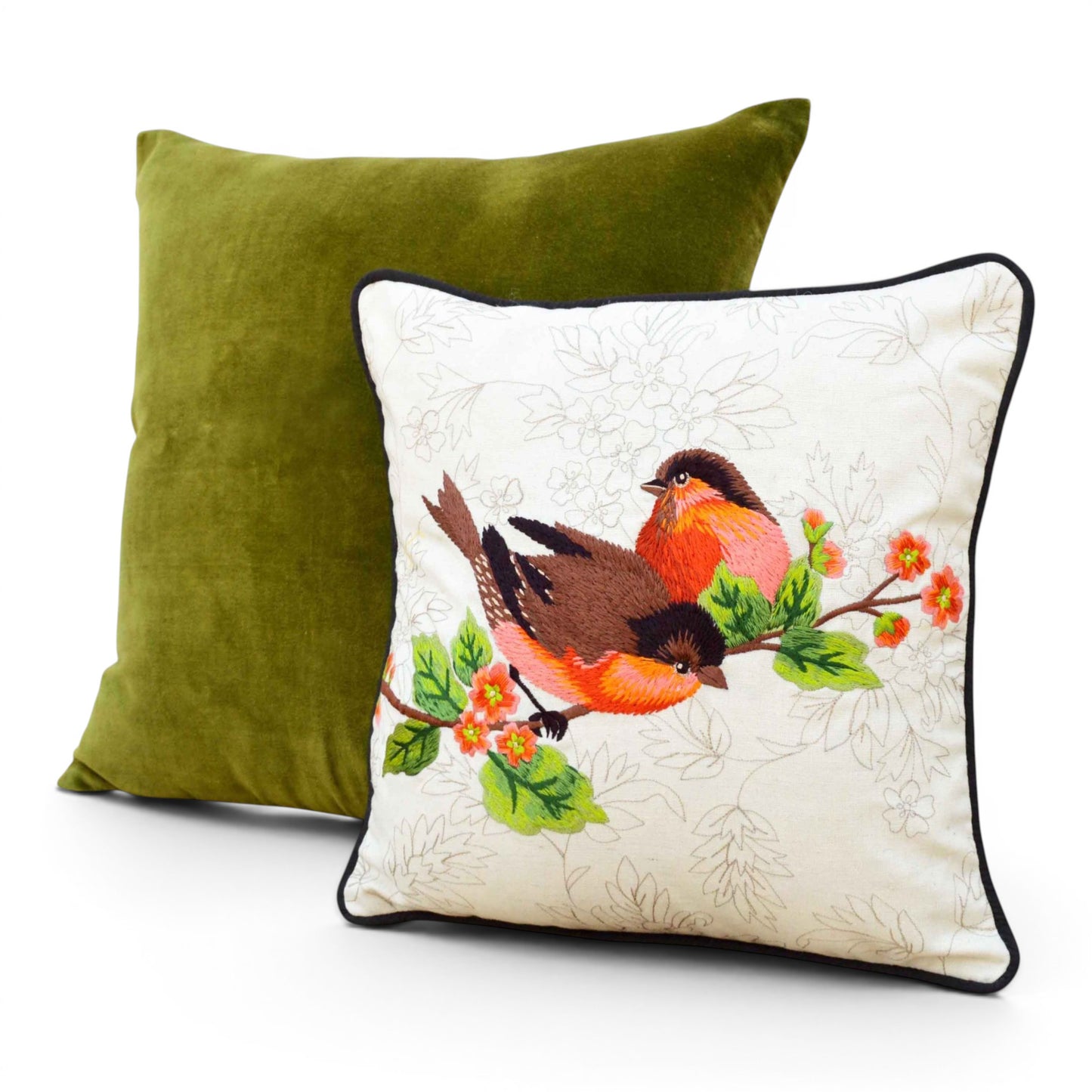 Love Birds Embroidered Cotton Cushion Cover – Off White, 12×12" - Vliving