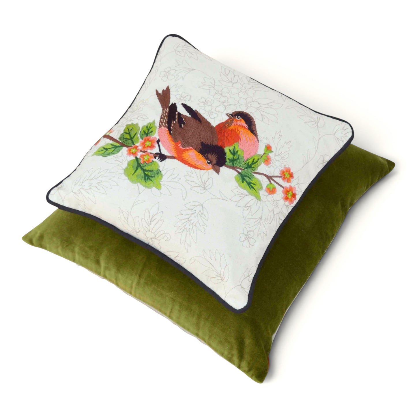 Love Birds Embroidered Cotton Cushion Cover – Off White, 12×12" - Vliving