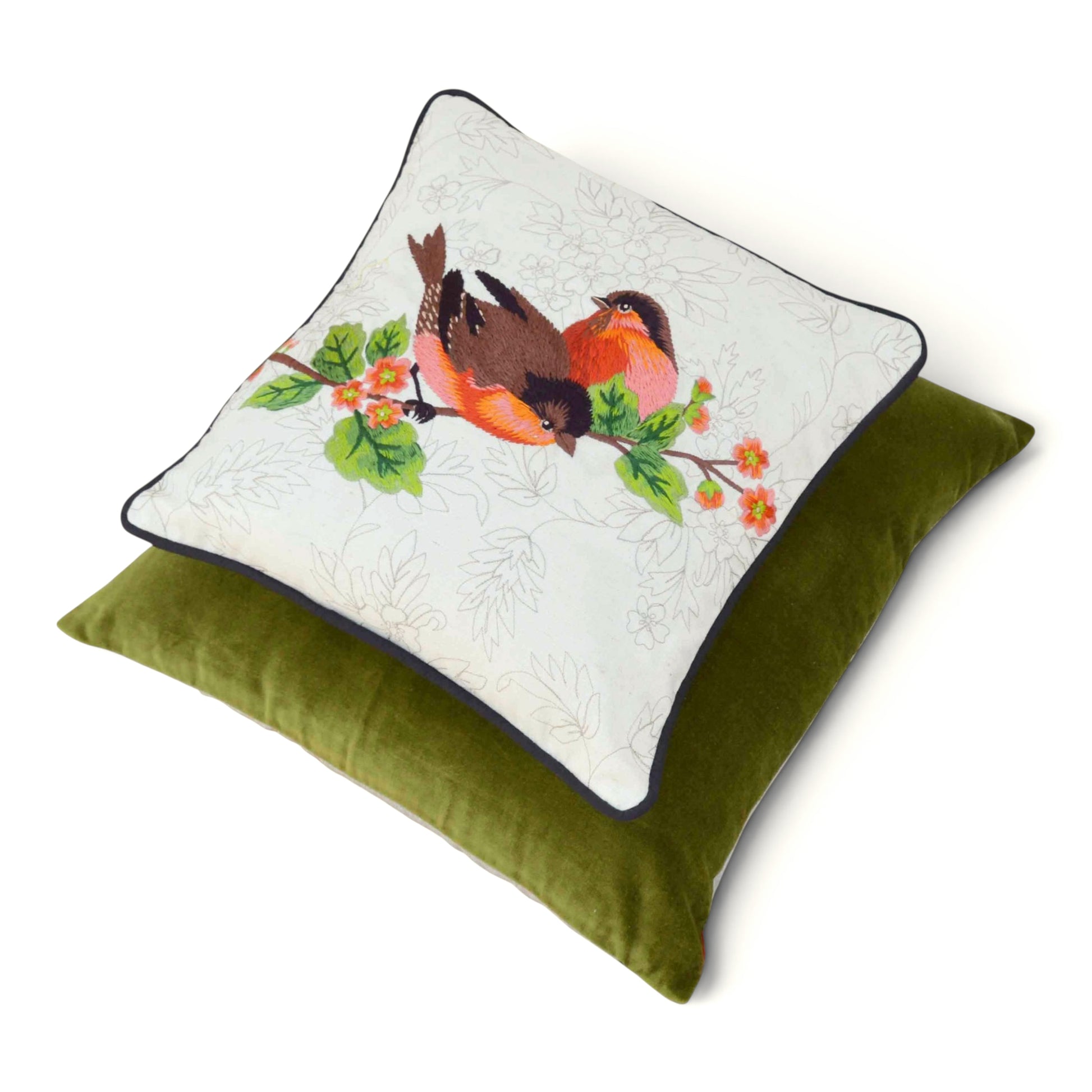 Love Birds Embroidered Cotton Cushion Cover – Off White, 12×12" - Vliving