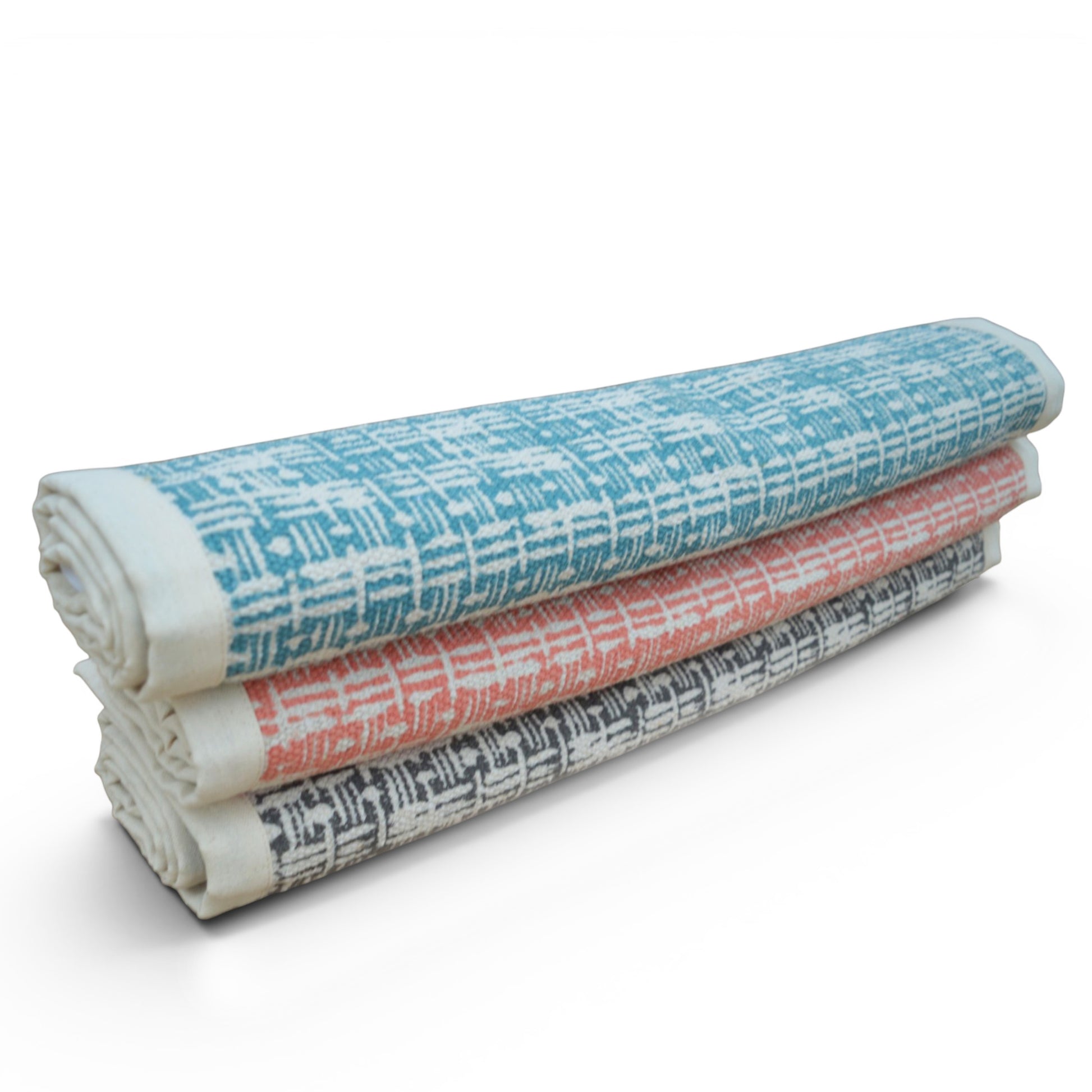 Coral & Off-White Cotton Rug | Basket Weave Print | Flatweave Dhurrie | 100% Cotton - Vliving