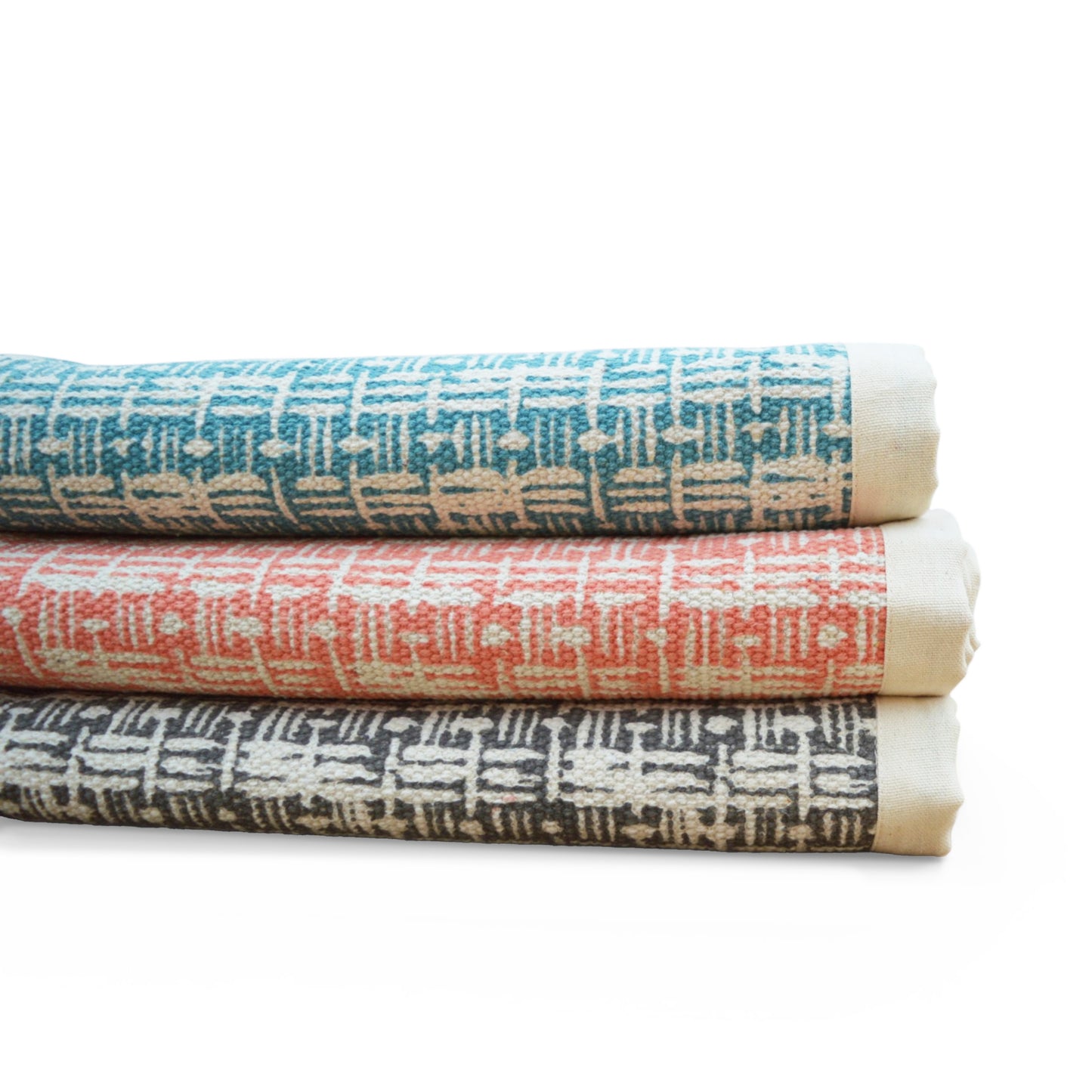Coral & Off-White Cotton Rug | Basket Weave Print | Flatweave Dhurrie | 100% Cotton - Vliving