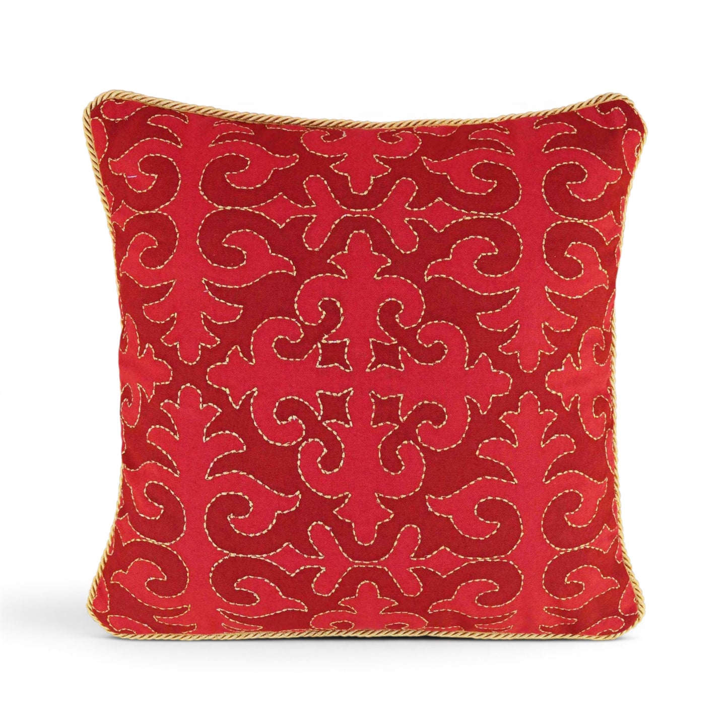 Christmas Red Shyrdak Print Cushion Cover – Gold Zari Embroidery & Twisted Cord Piping - Vliving
