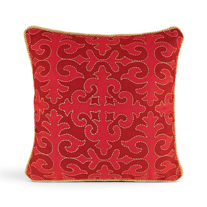 Christmas Red Shyrdak Print Cushion Cover – Gold Zari Embroidery & Twisted Cord Piping - Vliving