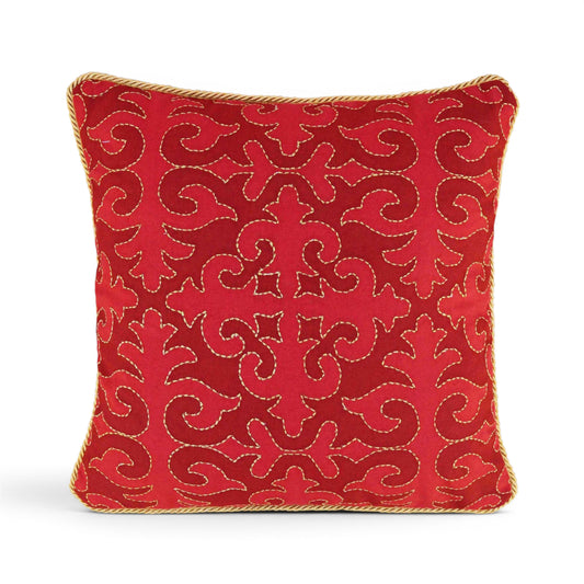 Christmas Red Shyrdak Print Cushion Cover – Gold Zari Embroidery & Twisted Cord Piping - Vliving