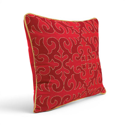 Christmas Red Shyrdak Print Cushion Cover – Gold Zari Embroidery & Twisted Cord Piping - Vliving