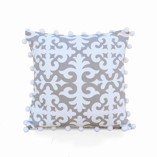 Christmas pillow cover, moroccan print, white pompoms