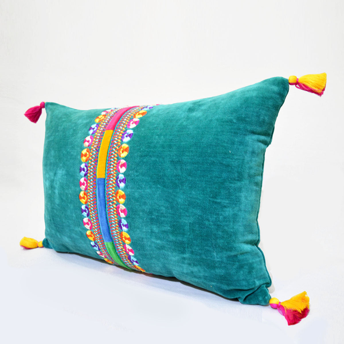 Carnival - Teal pillow cover, multicolor hand embroidery, bohemian oblong cushion cover