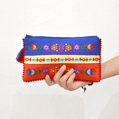 Truck Art Embroidered Clutch | Blue & Red Boho Pouch | Faux Suede | 5x9 Inches