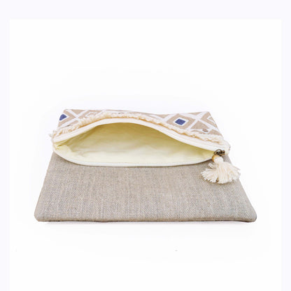 Boho pouch, moroccan, natural color linen bag, foldover embroidered clutch - Vliving