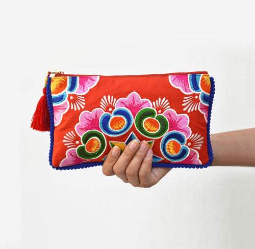 Truck Art Mandala Embroidery Red Boho Clutch | 5×9 Inches