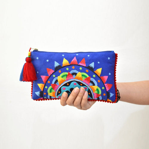 Truck Art Mandala Embroidered Clutch | Blue Boho Pouch | Faux Suede | 5x9 Inches