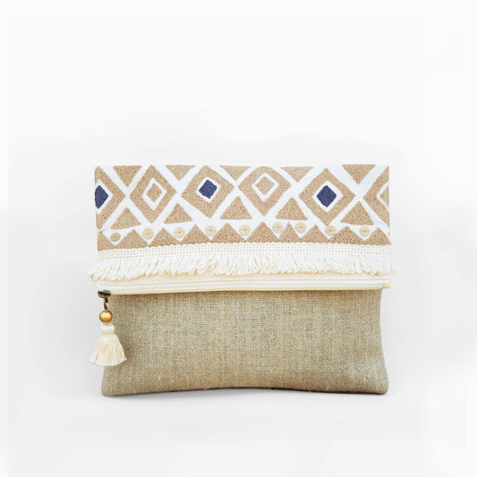 Boho pouch, moroccan, natural color linen bag, foldover embroidered clutch - Vliving