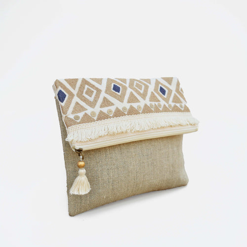 Boho Handira Linen Foldover Embroidered Clutch – Natural Colour, Sequins & Fringe