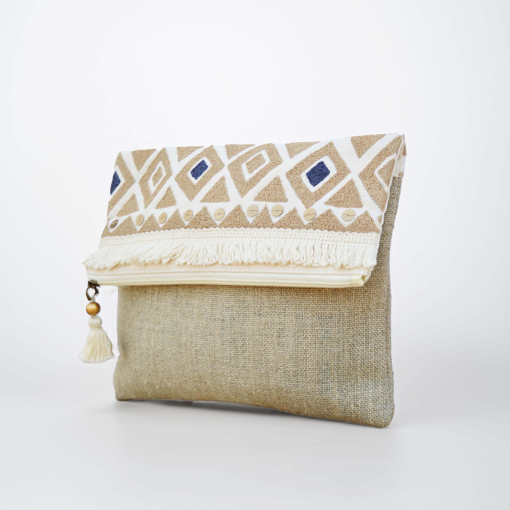 Boho pouch, moroccan, natural color linen bag, foldover embroidered clutch - Vliving