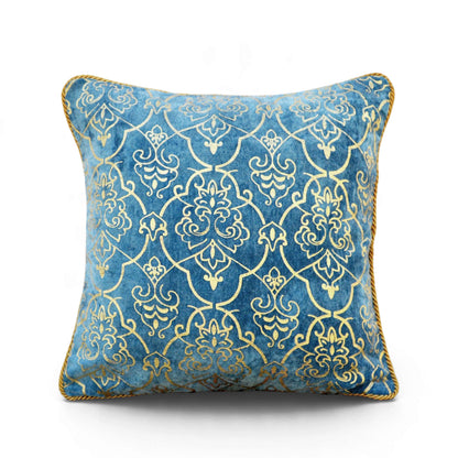 Regalia Blue Stonewashed Velvet Cushion Cover with Gold Damask Print