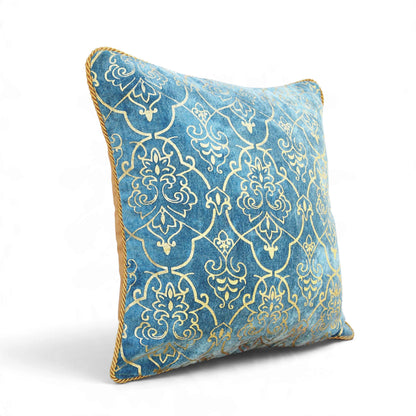 Regalia Blue Stonewashed Velvet Cushion Cover with Gold Damask Print