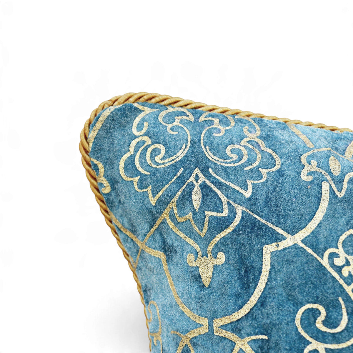 Regalia Blue Stonewashed Velvet Cushion Cover with Gold Damask Print