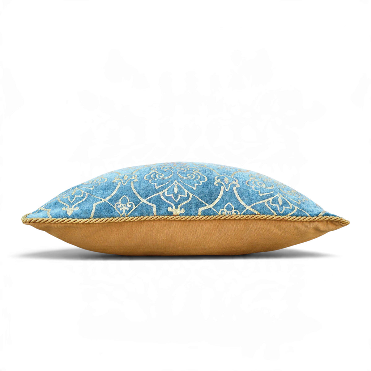 Regalia Blue Stonewashed Velvet Cushion Cover with Gold Damask Print
