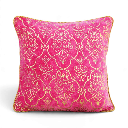 Regalia Hot Pink Stonewashed Velvet Cushion Cover with Gold Damask Print