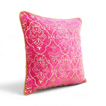 Regalia Hot Pink Stonewashed Velvet Cushion Cover with Gold Damask Print