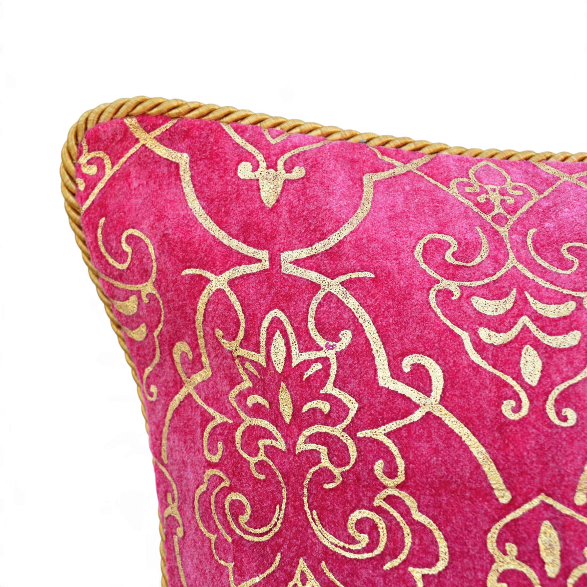 Regalia Hot Pink Stonewashed Velvet Cushion Cover with Gold Damask Print