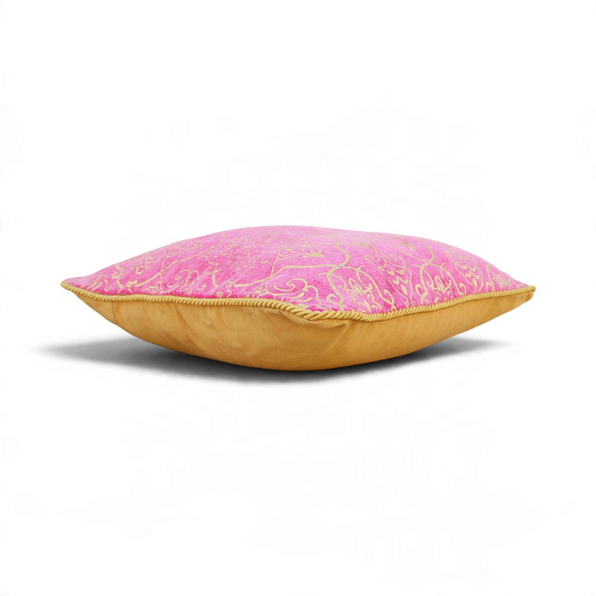 Regalia Hot Pink Stonewashed Velvet Cushion Cover with Gold Damask Print