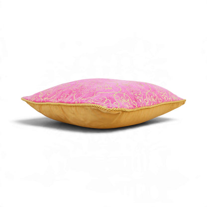 Regalia Hot Pink Stonewashed Velvet Cushion Cover with Gold Damask Print