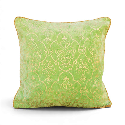 Regalia Green Stonewashed Velvet Cushion Cover with Gold Damask Print