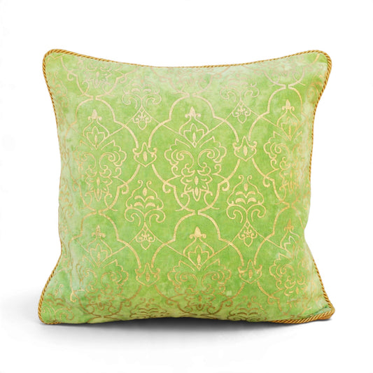 Regalia Green Stonewashed Velvet Cushion Cover with Gold Damask Print