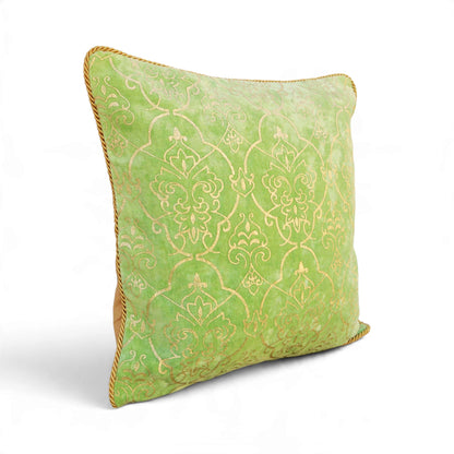 Regalia Green Stonewashed Velvet Cushion Cover with Gold Damask Print