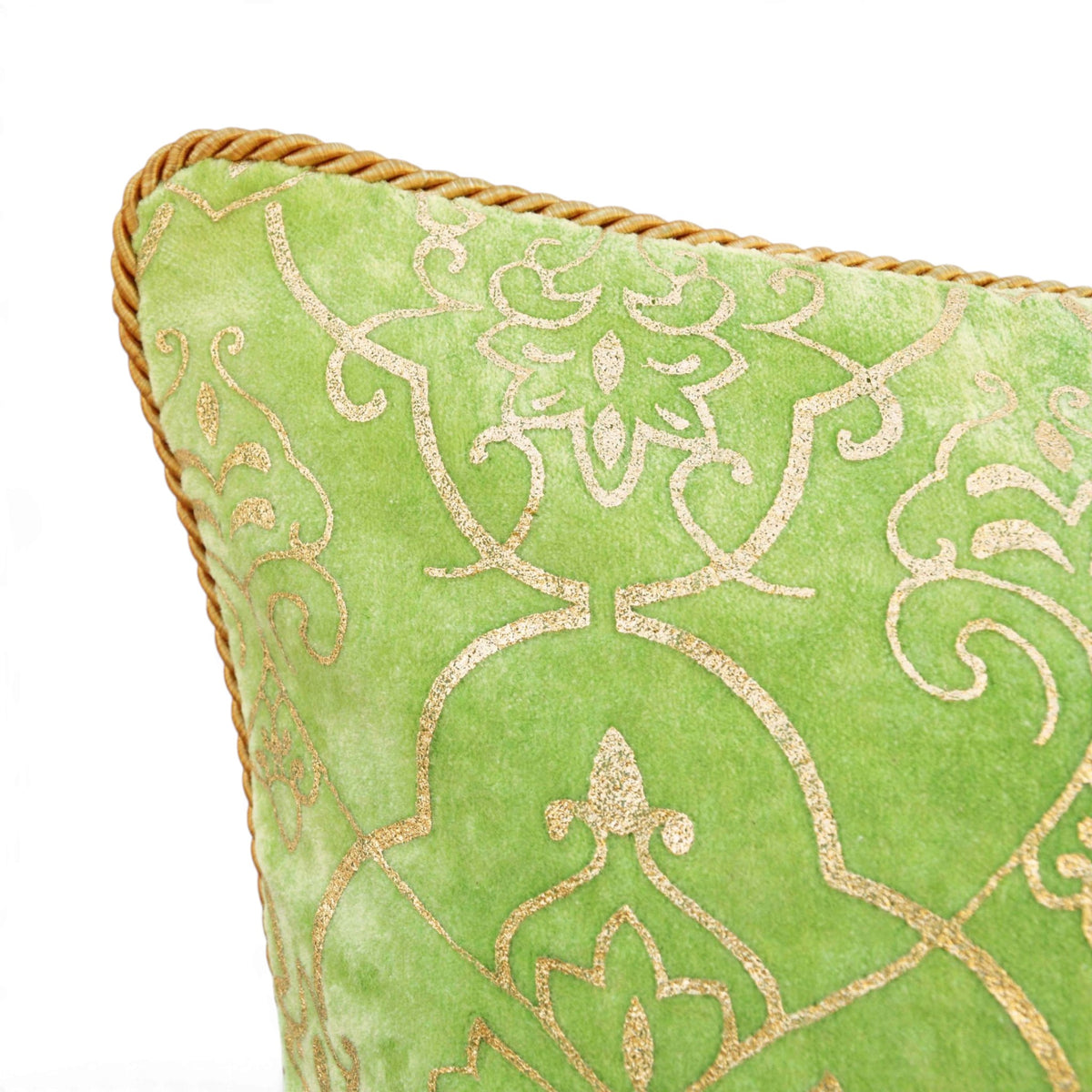 Regalia Green Stonewashed Velvet Cushion Cover with Gold Damask Print