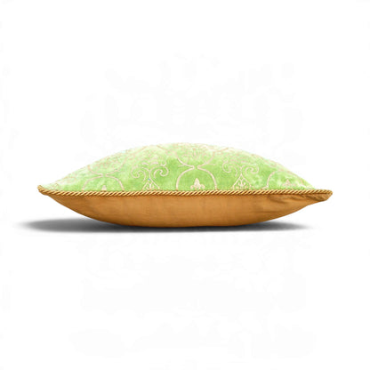 Regalia Green Stonewashed Velvet Cushion Cover with Gold Damask Print