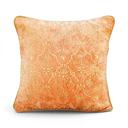Regalia Peach Stonewashed Velvet Cushion Cover with Gold Damask Print