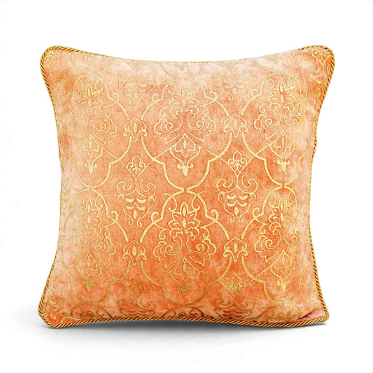 Regalia Peach Stonewashed Velvet Cushion Cover with Gold Damask Print